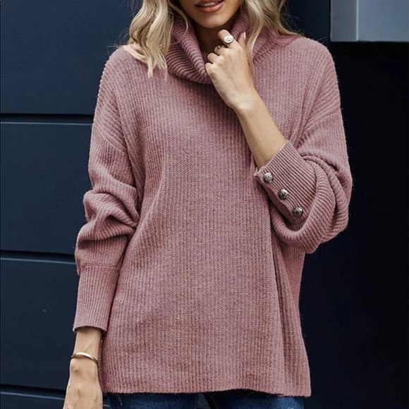 Rib knit turtleneck sweater button dusty pink - Picture 2 of 8